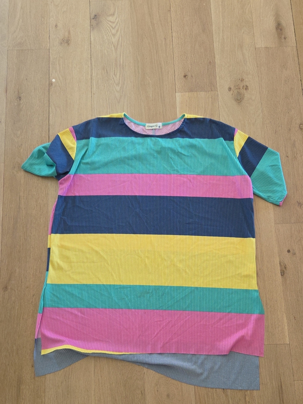 Ginger G Short-Sleeve Multicolor Stripe Tee in Pink, Yellow, Blue, Teal